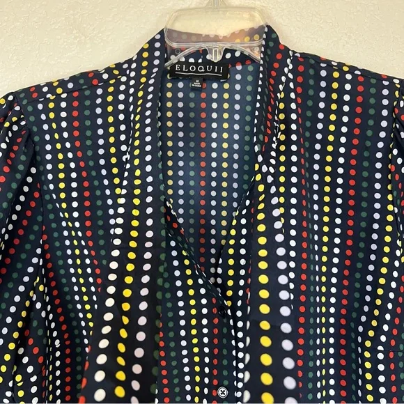 Eloquii Tie Neck Blue Multi Color Polka Dot Retro Career Office Blouse Size 16 - Picture 10 of 12